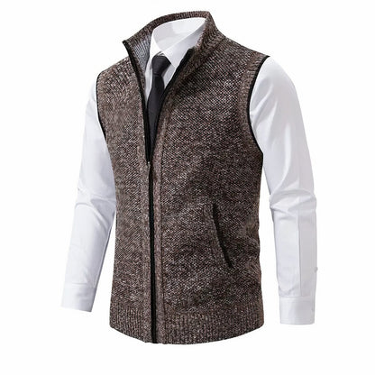 Men's textured knit zip-up cardigan vest with mock neck