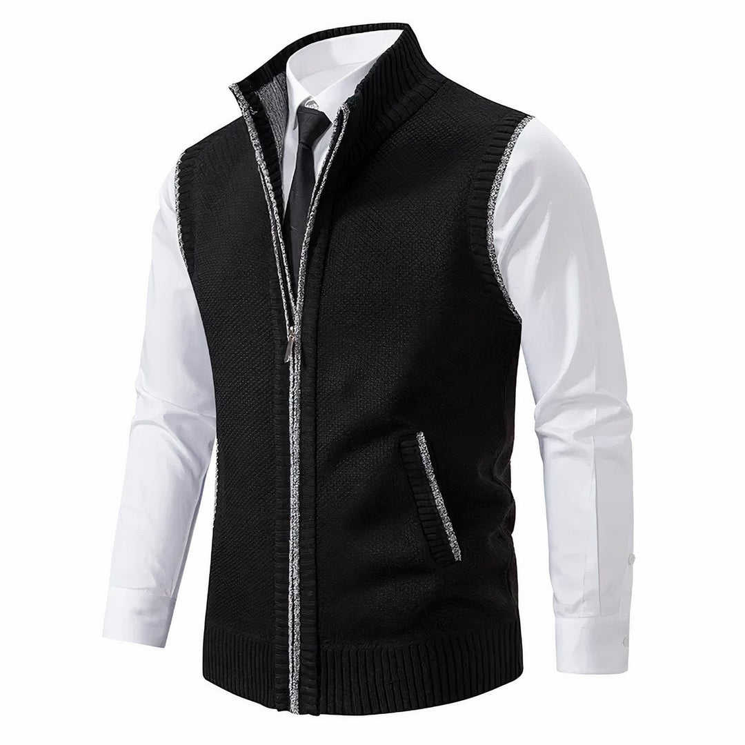Men's textured knit zip-up cardigan vest with mock neck