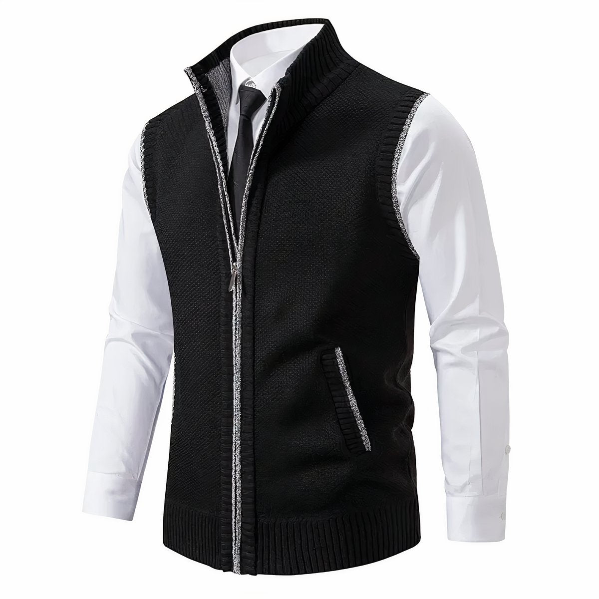 Men's textured knit zip-up cardigan vest with mock neck