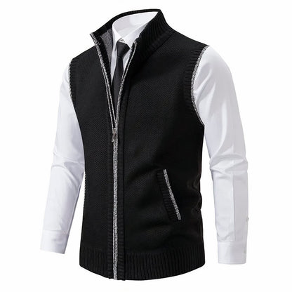 Men's textured knit zip-up cardigan vest with mock neck