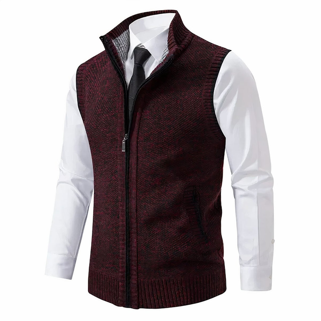 Men's textured knit zip-up cardigan vest with mock neck
