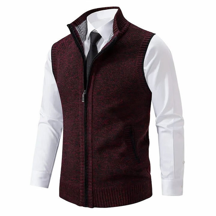 Men's textured knit zip-up cardigan vest with mock neck