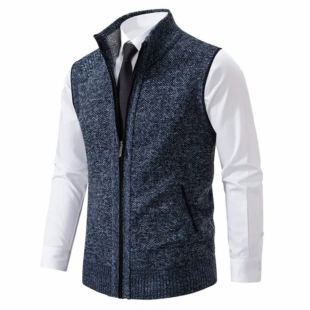 Men's textured knit zip-up cardigan vest with mock neck