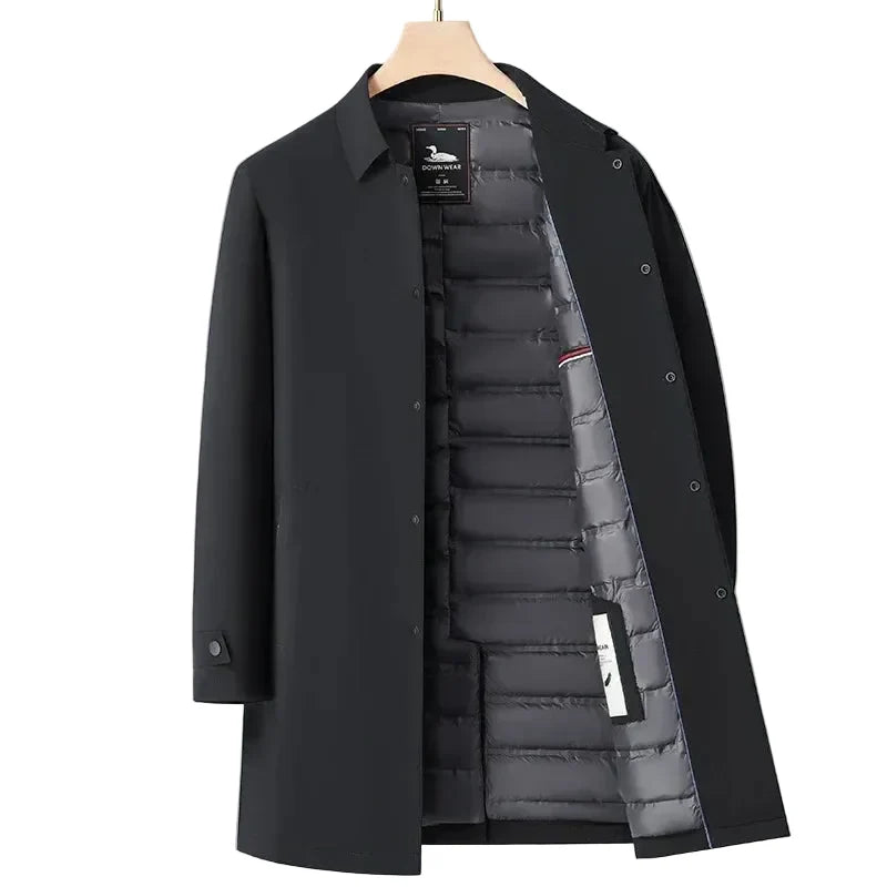 Men's padded button-front coat with shirt collar and quilted interior