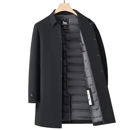 Men's padded button-front coat with shirt collar and quilted interior