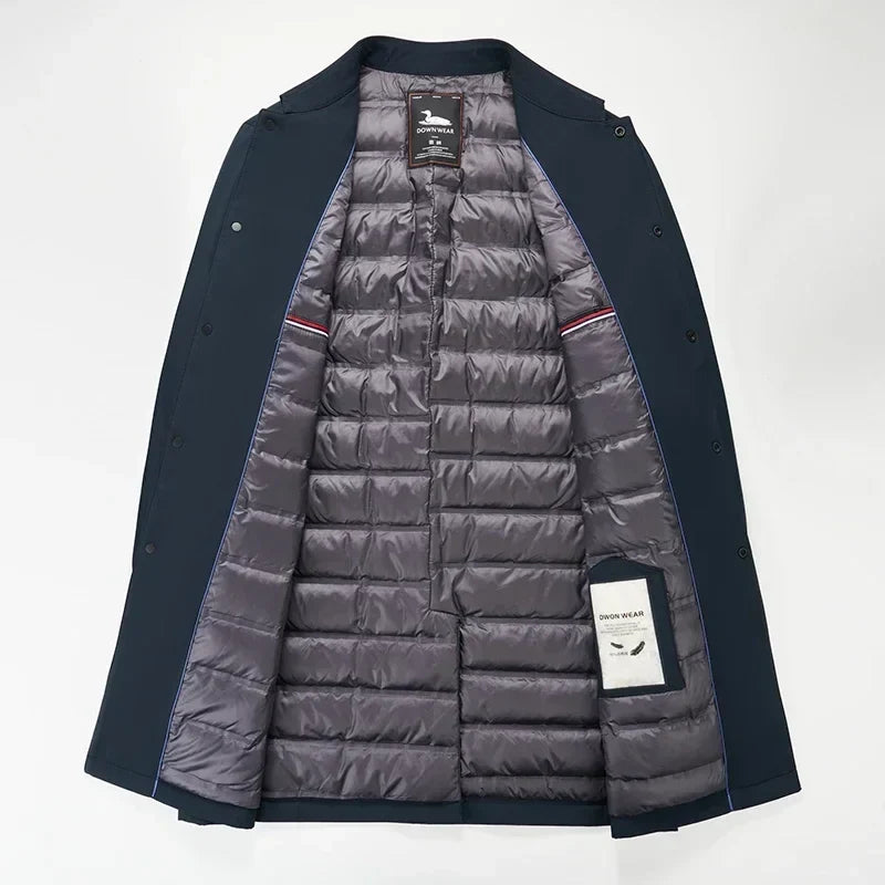 Men's padded button-front coat with shirt collar and quilted interior