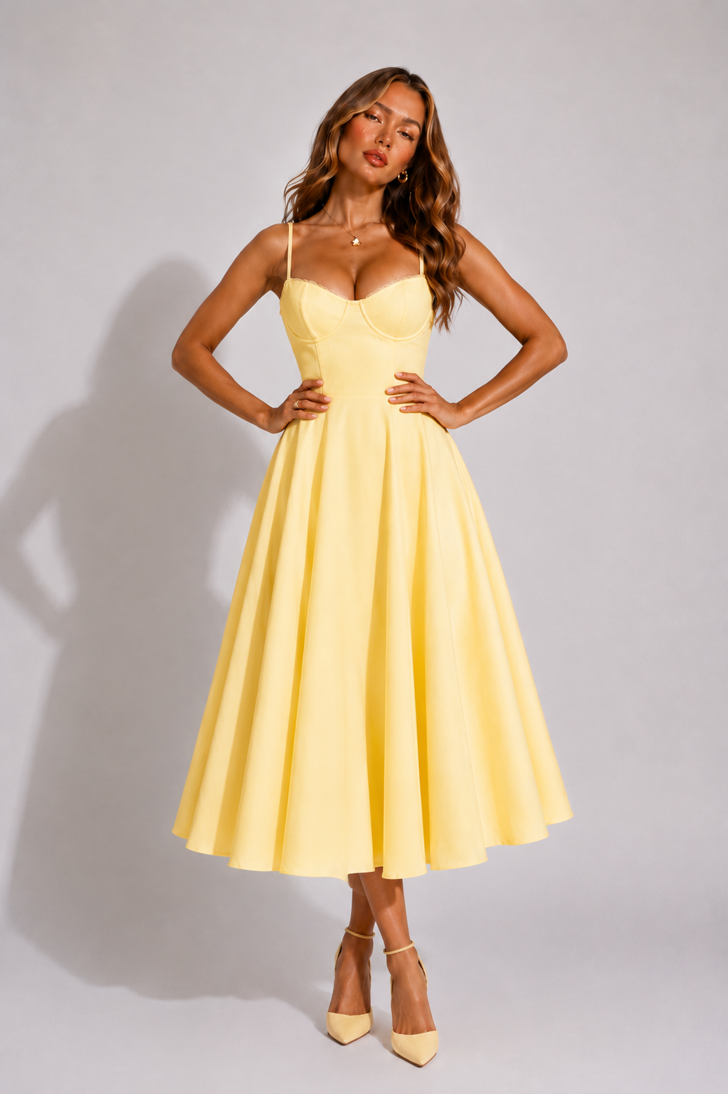 Women's sweetheart neckline flared midi dress in yellow