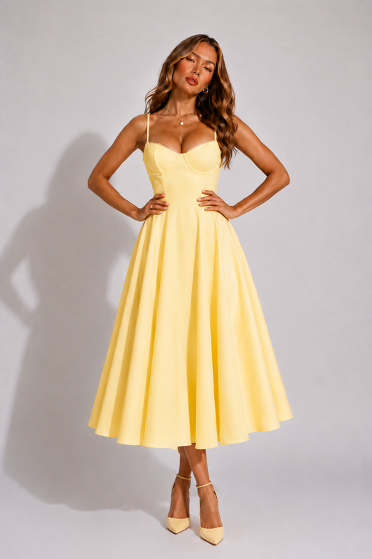 Women's sweetheart neckline flared midi dress in yellow