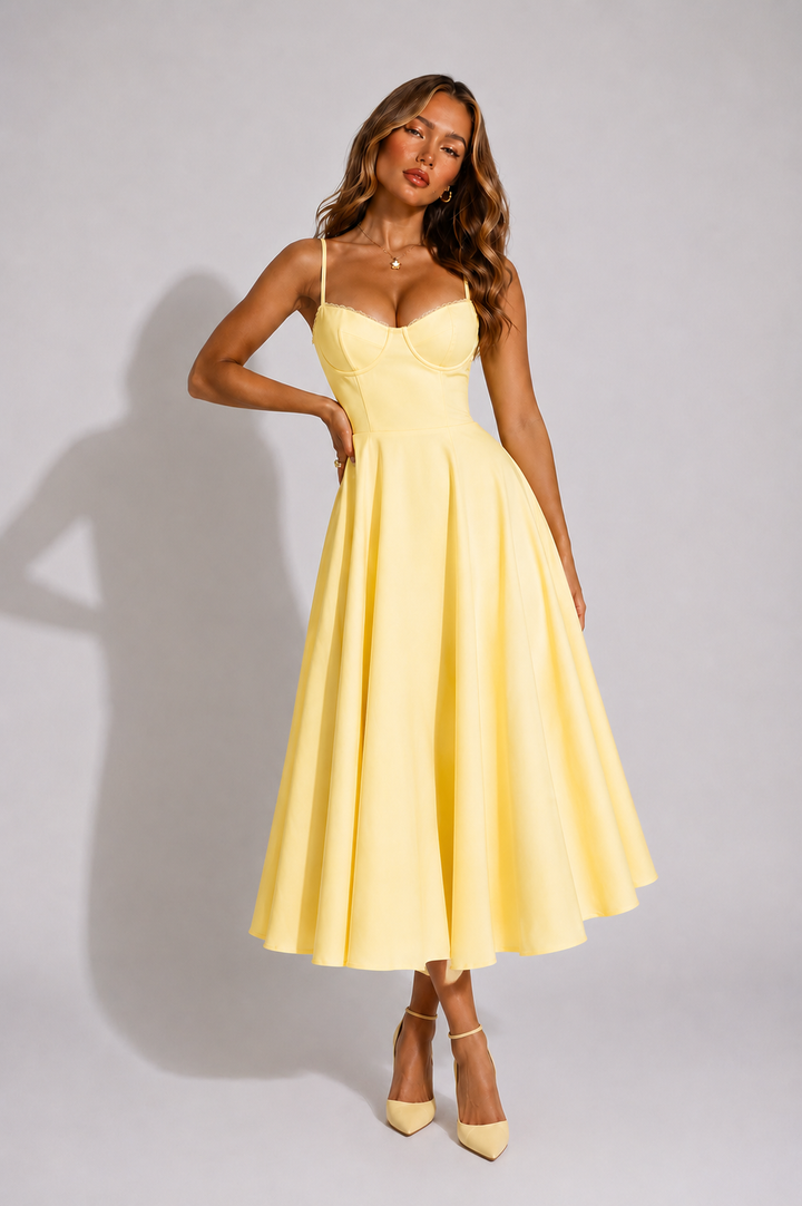 Women's sweetheart neckline flared midi dress in yellow