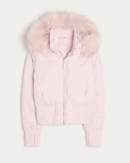 Women's cropped quilted jacket with hood and faux fur trim