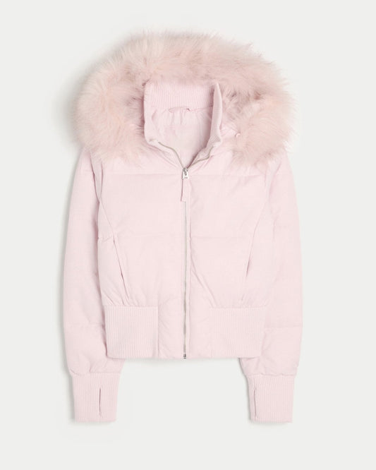 Women's cropped quilted jacket with hood and faux fur trim