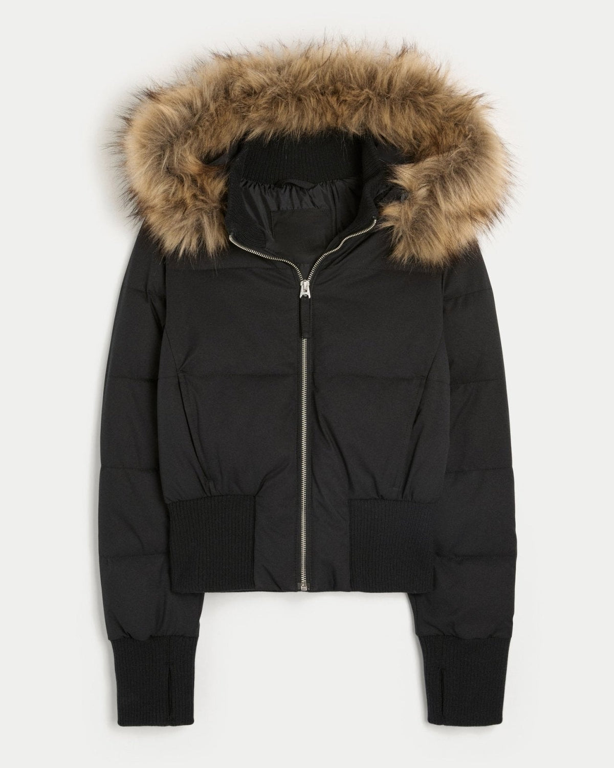 Women's cropped quilted jacket with hood and faux fur trim