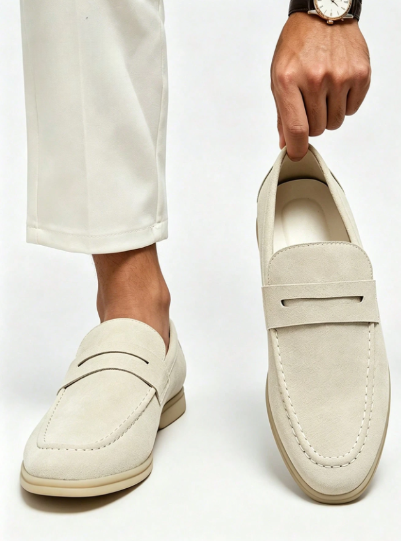 Men's penny loafers with moc toe stitching, penny strap and low heel