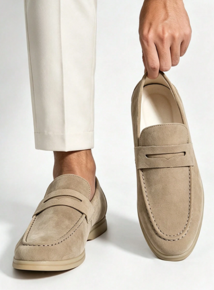 Men's penny loafers with moc toe stitching, penny strap and low heel