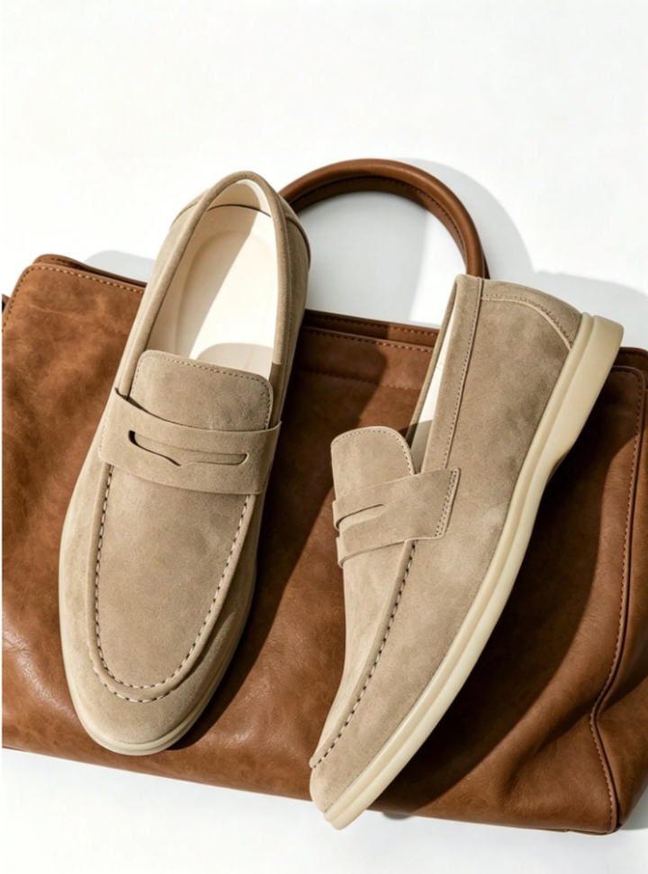 Men's penny loafers with moc toe stitching, penny strap and low heel