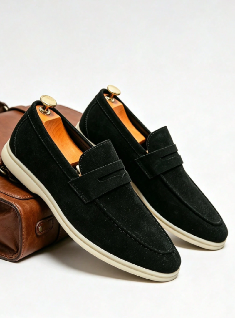 Men's penny loafers with moc toe stitching, penny strap and low heel