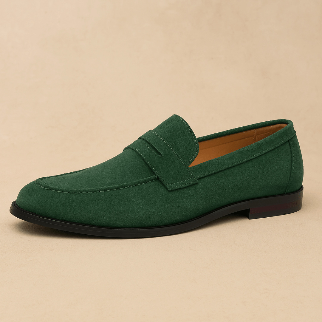 Men's penny loafer with moc toe stitching and low heel