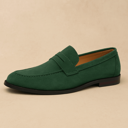 Men's penny loafer with moc toe stitching and low heel