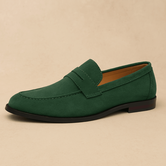 Men's penny loafer with moc toe stitching and low heel
