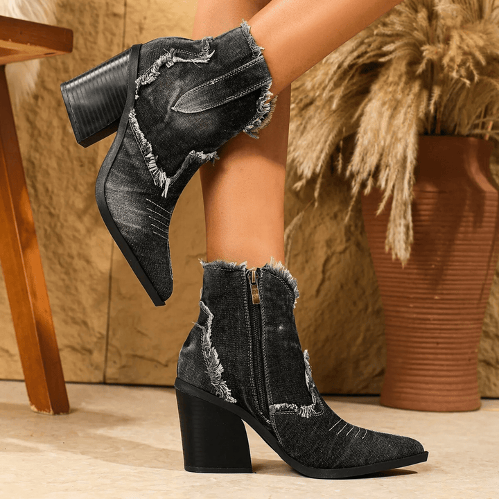 Women's frayed ankle boots with pointed toes, side zips and high block heels