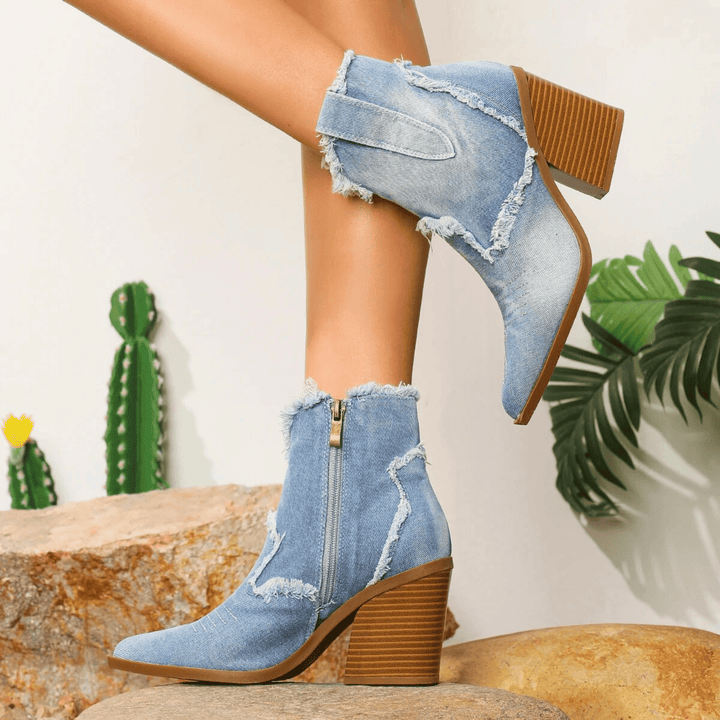 Women's frayed ankle boots with pointed toes, side zips and high block heels