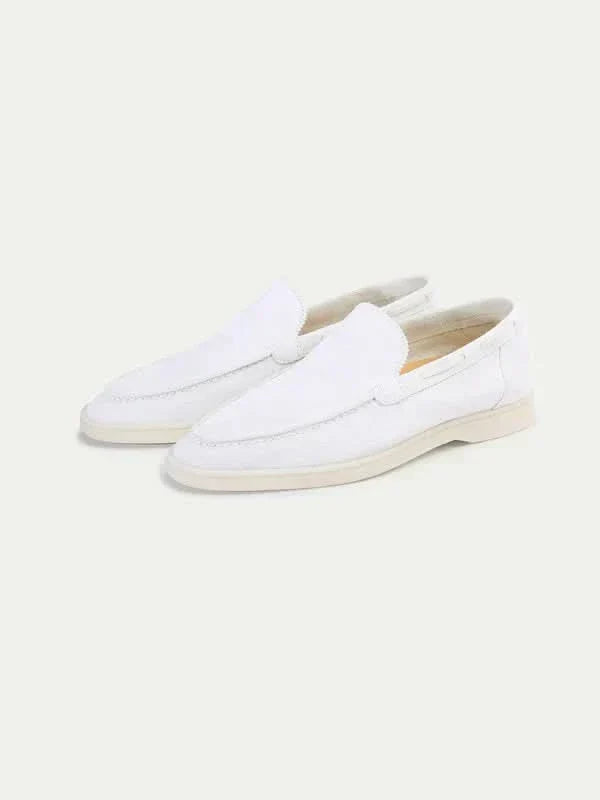 Men's white classic slip-on loafers with round toes and flat soles