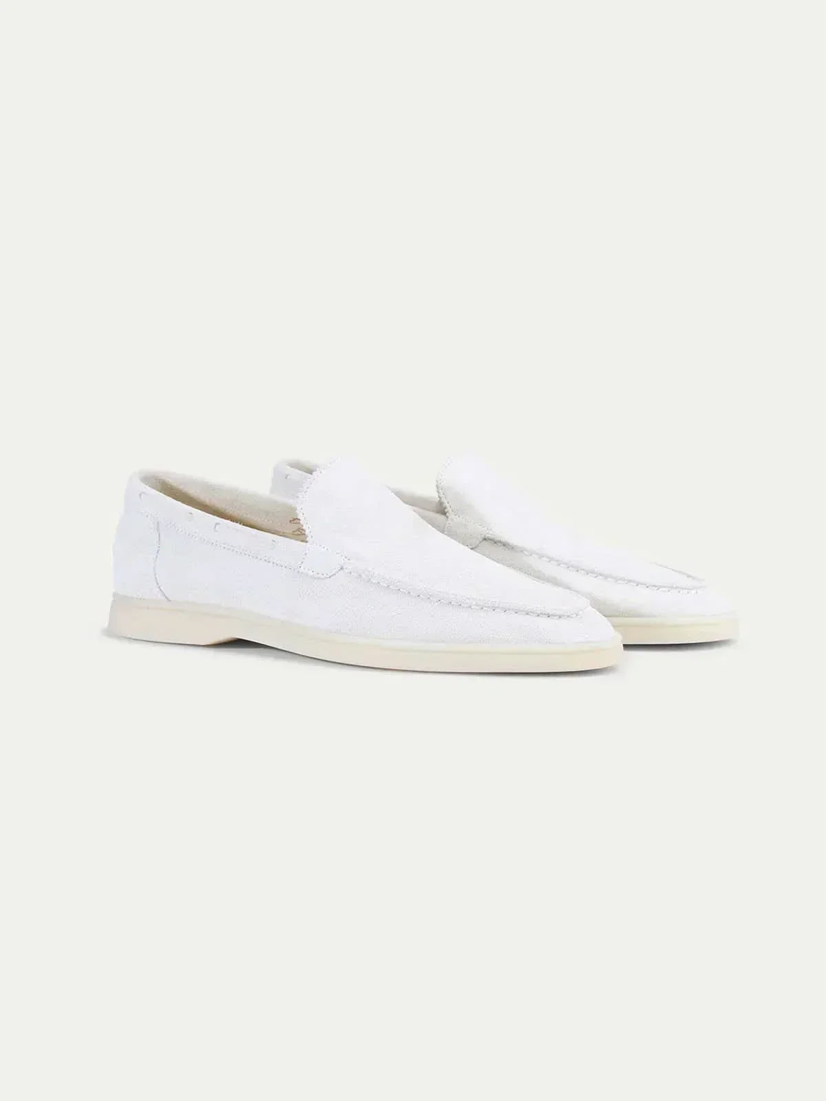 Men's white classic slip-on loafers with round toes and flat soles