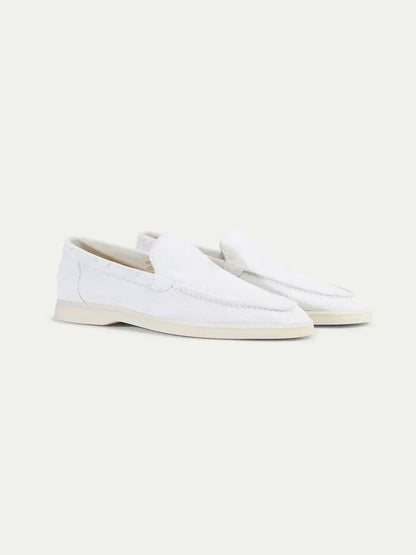 Men's white classic slip-on loafers with round toes and flat soles