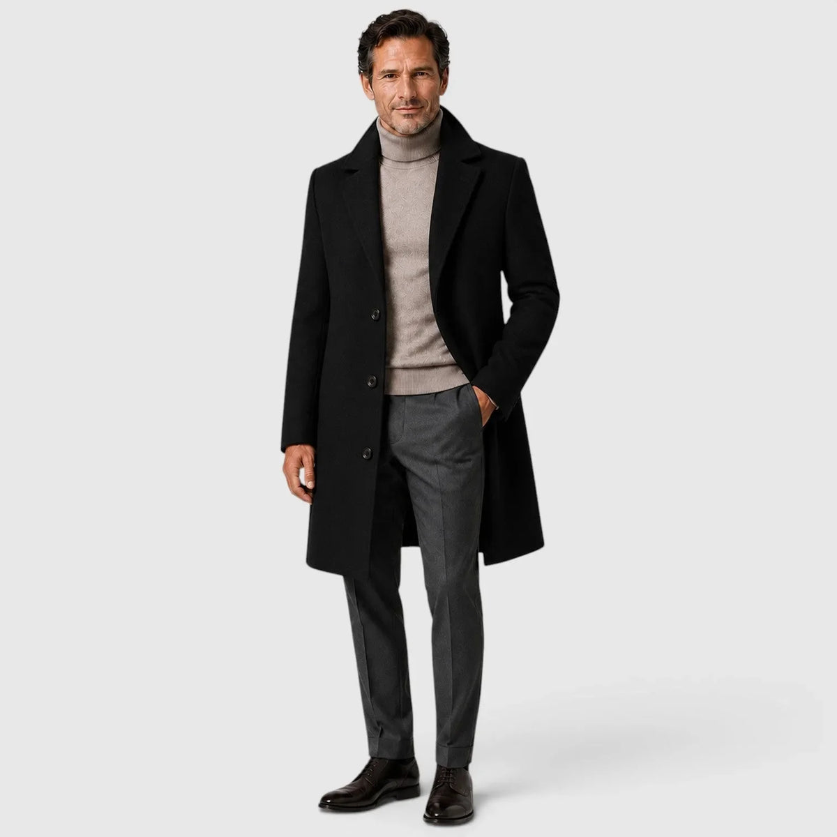 Men's single-breasted slim fit overcoat with notched lapels and button front