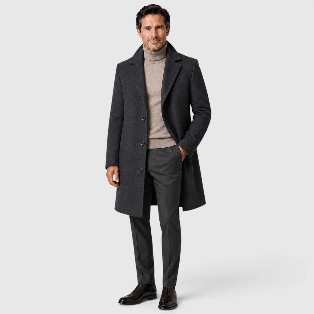 Men's single-breasted slim fit overcoat with notched lapels and button front