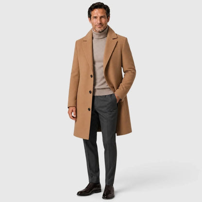 Men's single-breasted slim fit overcoat with notched lapels and button front