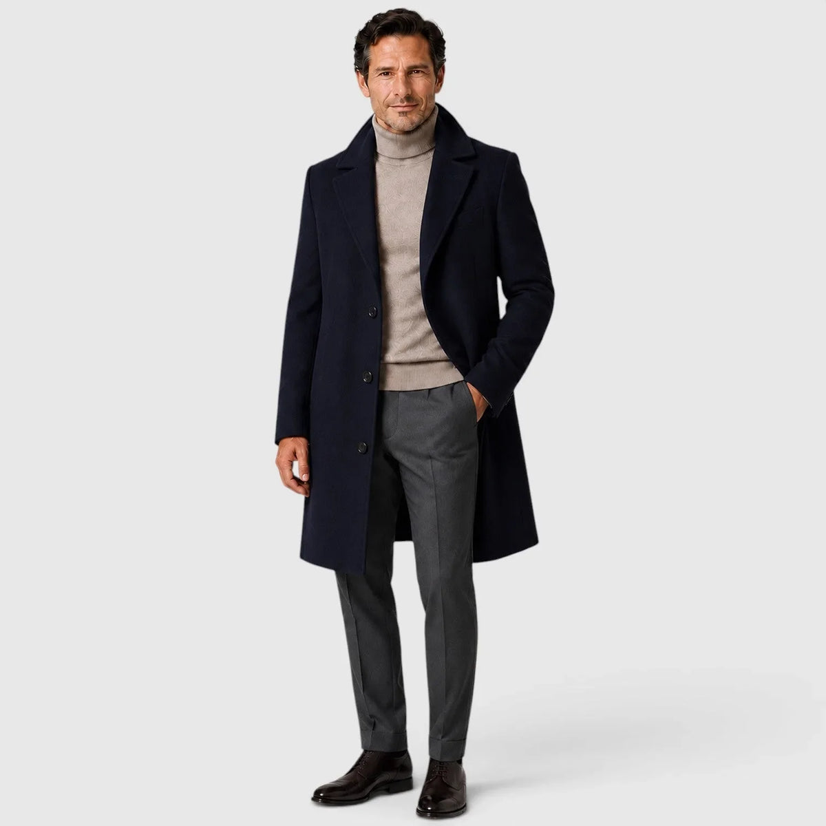 Men's single-breasted slim fit overcoat with notched lapels and button front