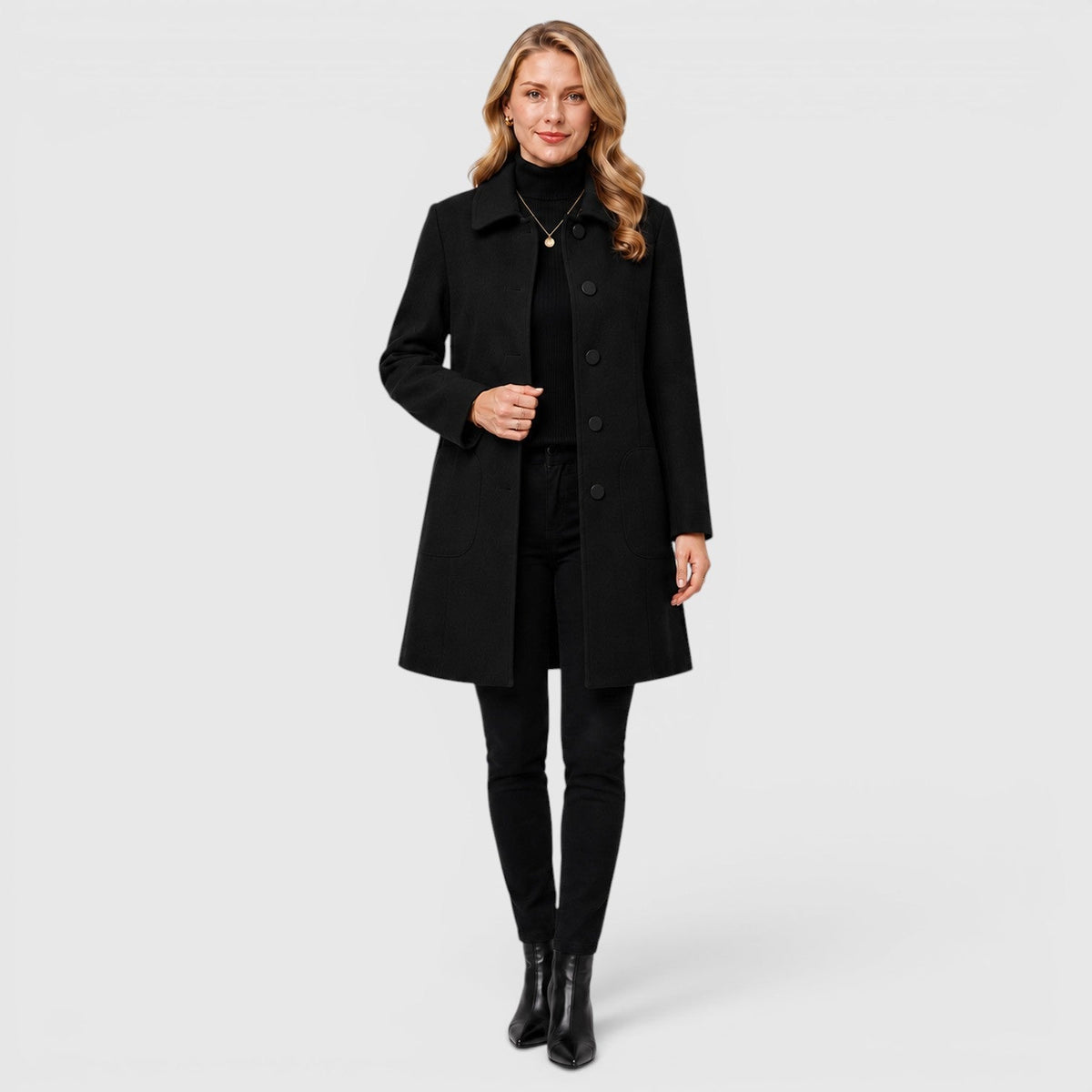Women's long button front coat with notched collar and patch pockets