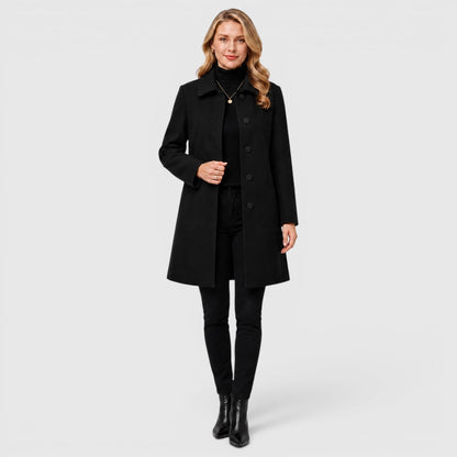 Women's long button front coat with notched collar and patch pockets