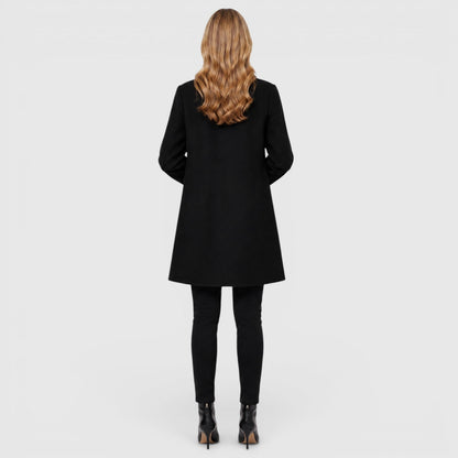 Women's long button front coat with notched collar and patch pockets