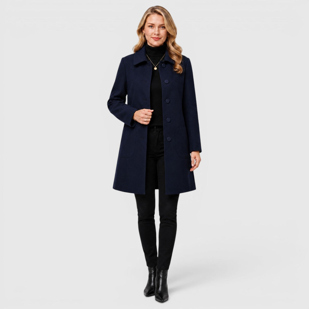 Women's long button front coat with notched collar and patch pockets