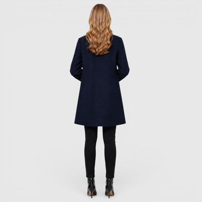 Women's long button front coat with notched collar and patch pockets