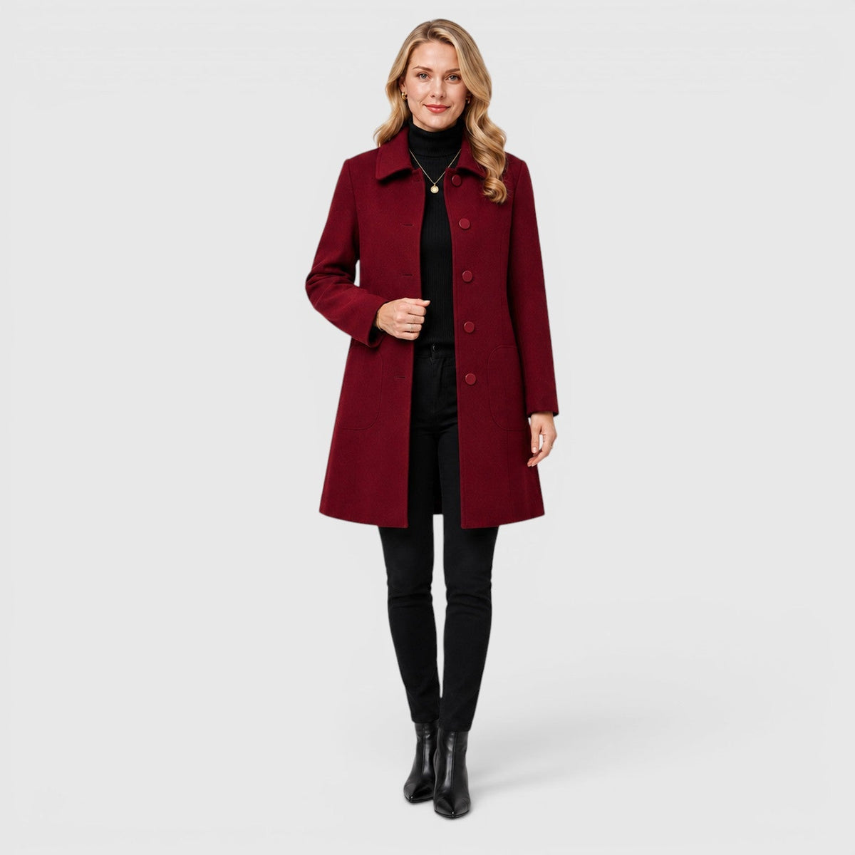 Women's long button front coat with notched collar and patch pockets