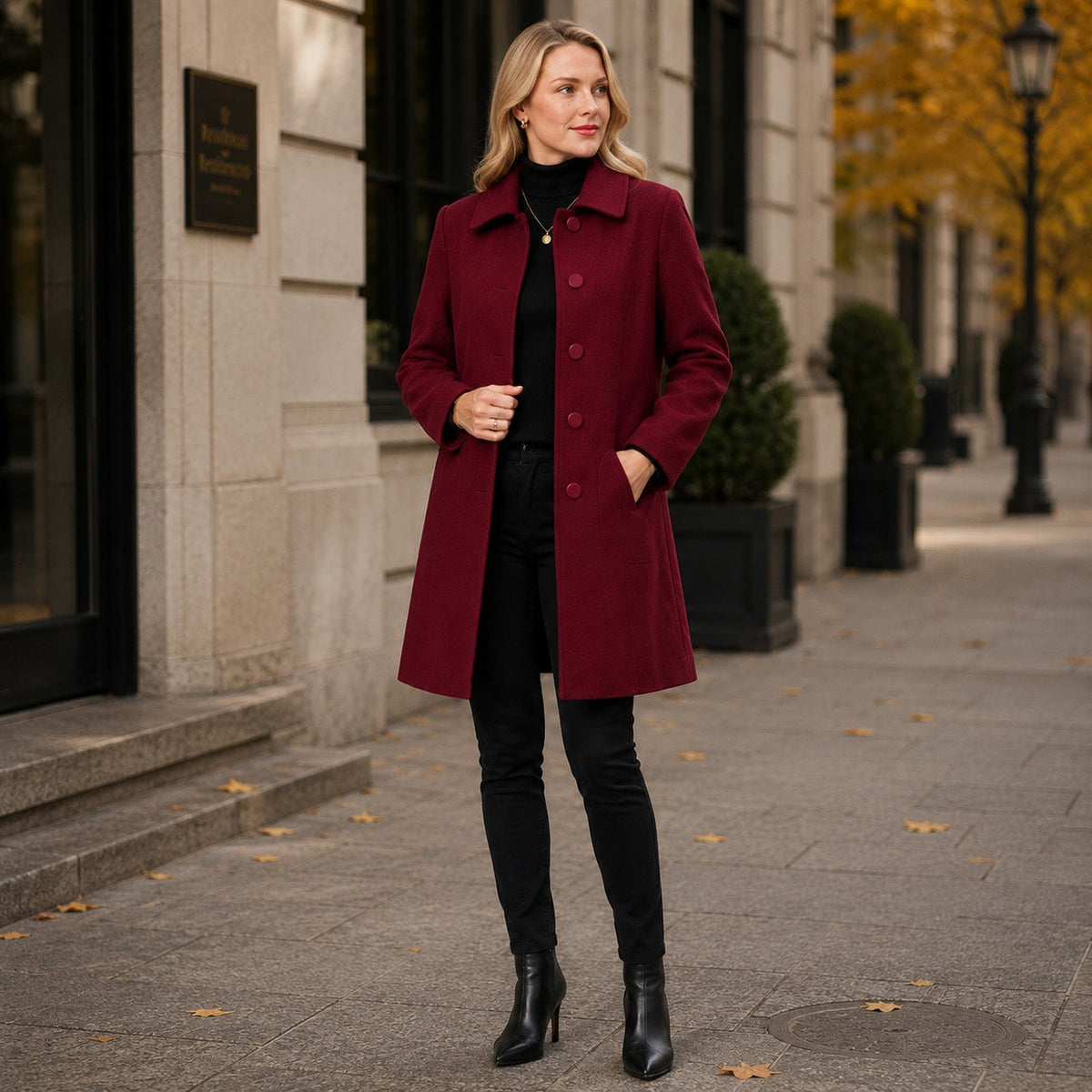 Women's long button front coat with notched collar and patch pockets