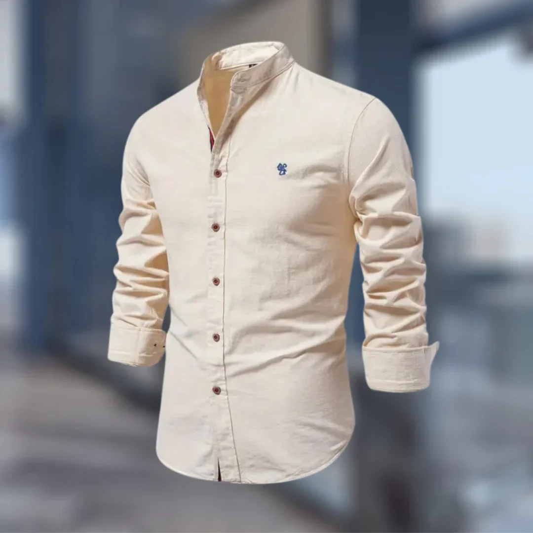 Men's long sleeve mandarin collar shirt with button front