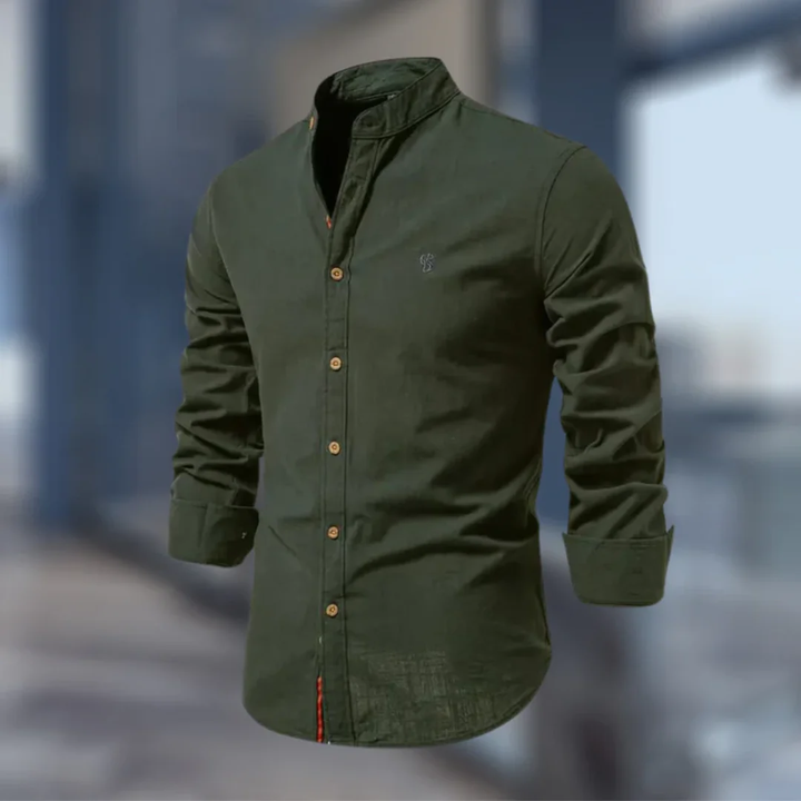 Men's long sleeve mandarin collar shirt with button front