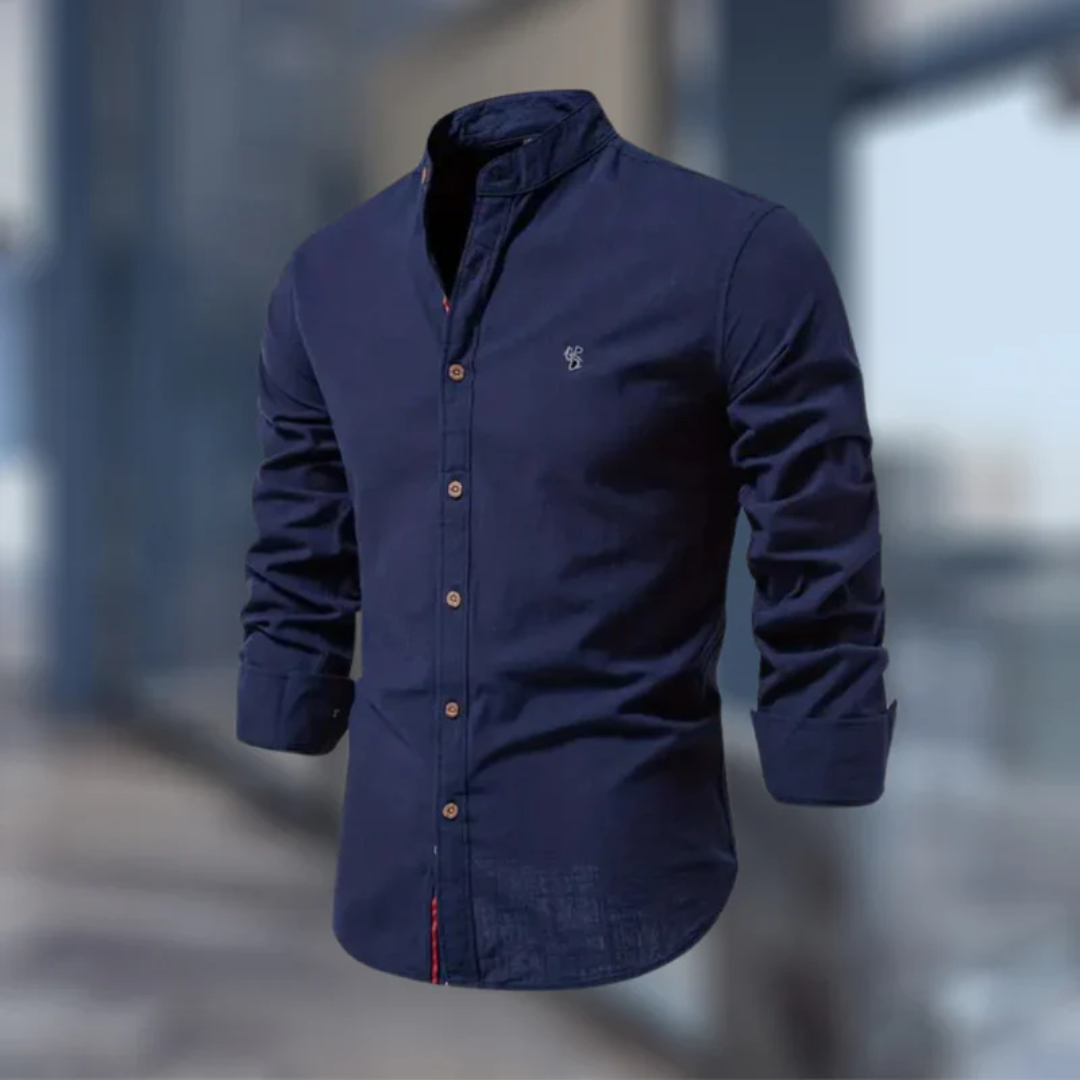 Men's long sleeve mandarin collar shirt with button front