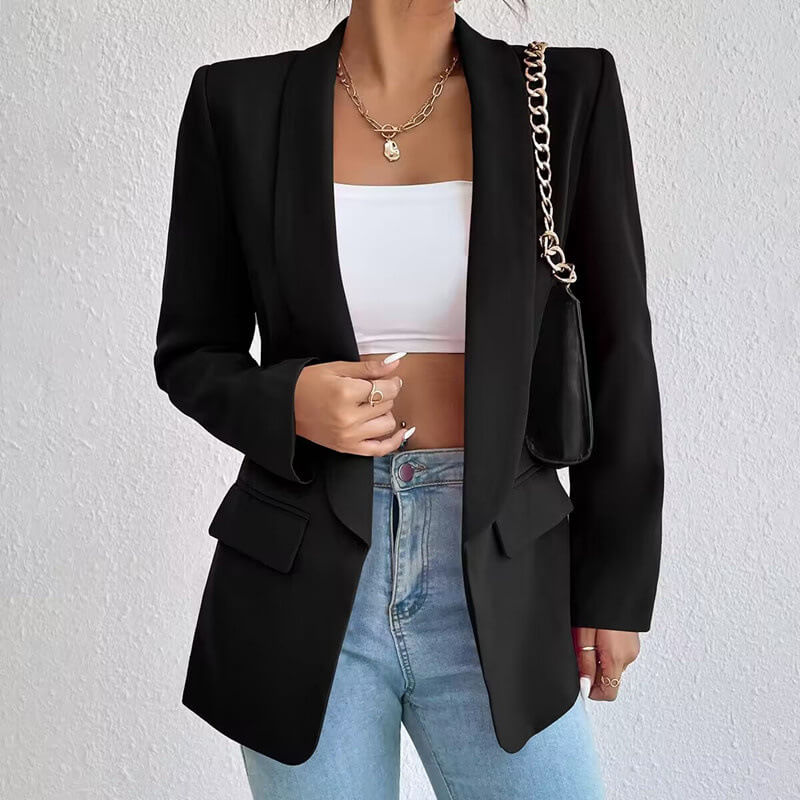 Women's open front long sleeve blazer with lapel collar and flap pockets