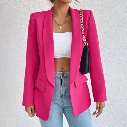 Women's open front long sleeve blazer with lapel collar and flap pockets
