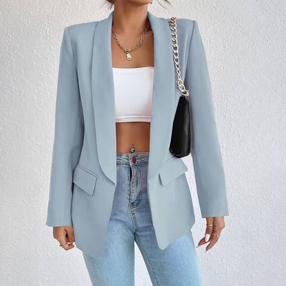 Women's open front long sleeve blazer with lapel collar and flap pockets