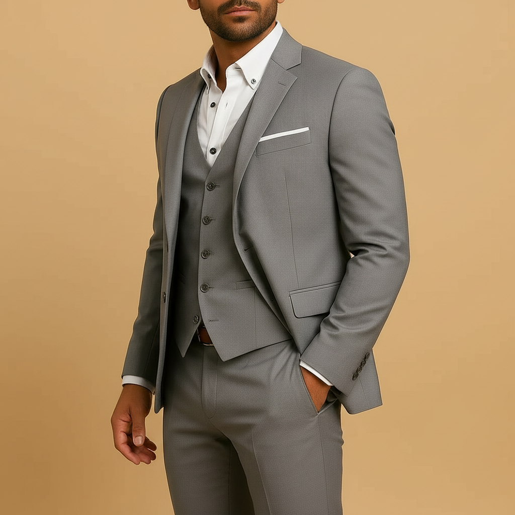 Men's three-piece slim fit suit with notched lapels, waistcoat and trousers