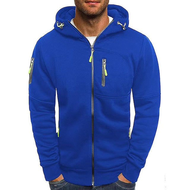 Men's hooded zip-up jacket with chest and side zip pockets