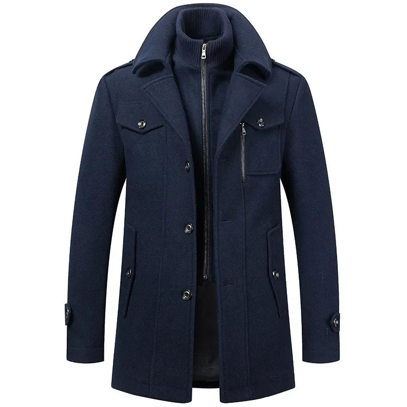 Men's two-piece mid-length coat with stand collar, zipper and button front
