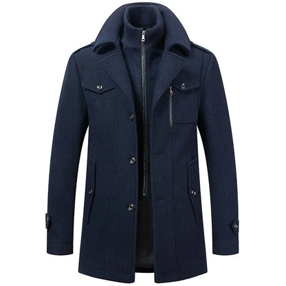 Men's two-piece mid-length coat with stand collar, zipper and button front