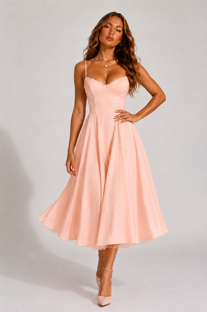 Women's sweetheart neckline flared midi dress in yellow